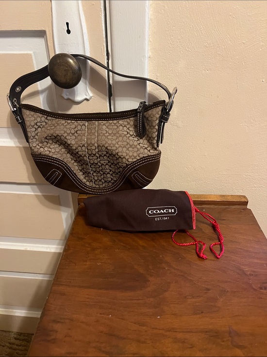 Coach Handbags - Coach Brown Signature Monogram Canvas Shoulder Bag with Dark Brown Trim